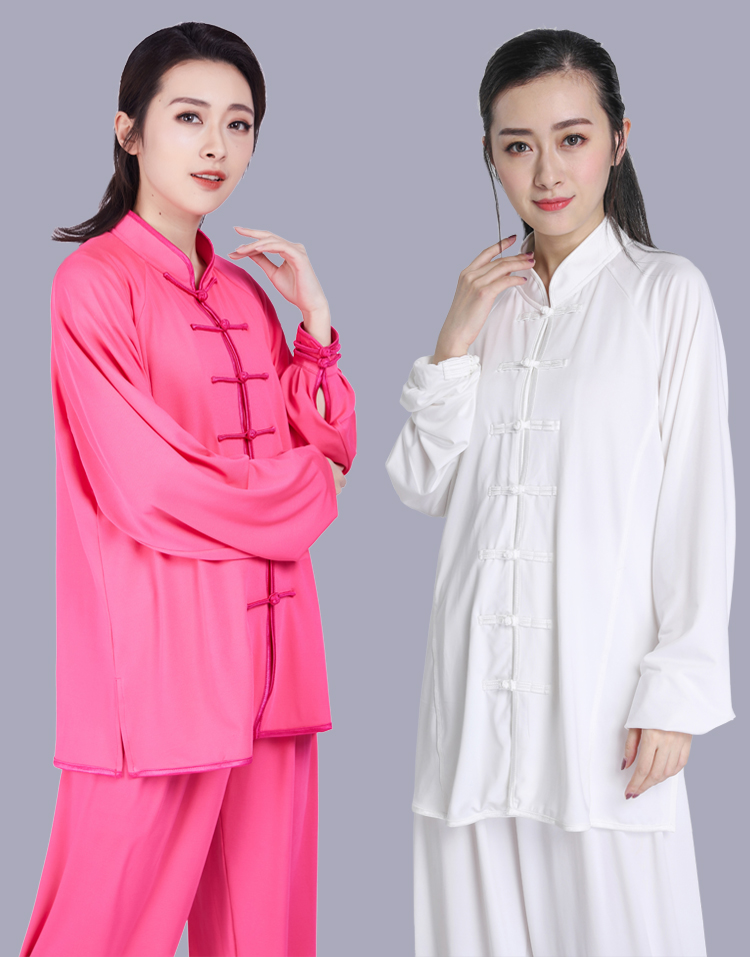 中国风女新款飘逸夏季健身气功八段锦练功衣服男太极拳同款长袖玫红l