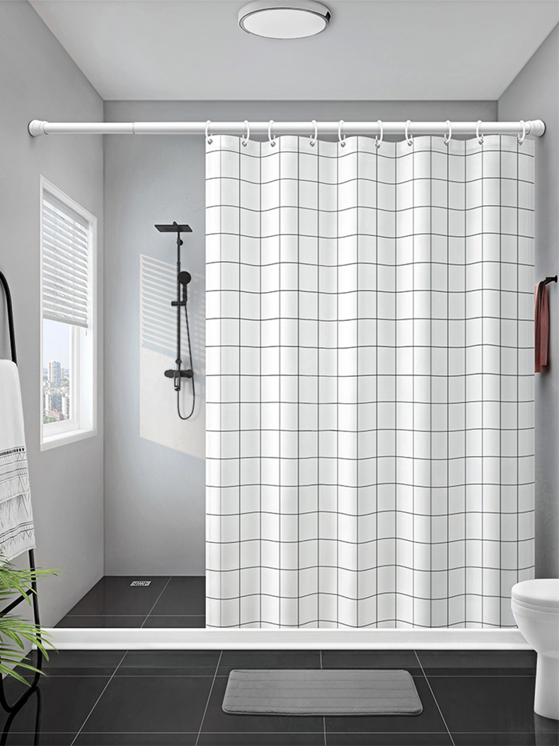 磁性浴帘套装淋浴房免打孔防水隔断挡水条卫生间洗澡帘带磁条黑白格黑