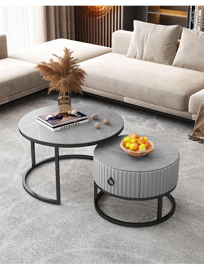 健康民居岩板茶几简约现代茶几客厅家用简易大理石大小圆黑软包黑面80