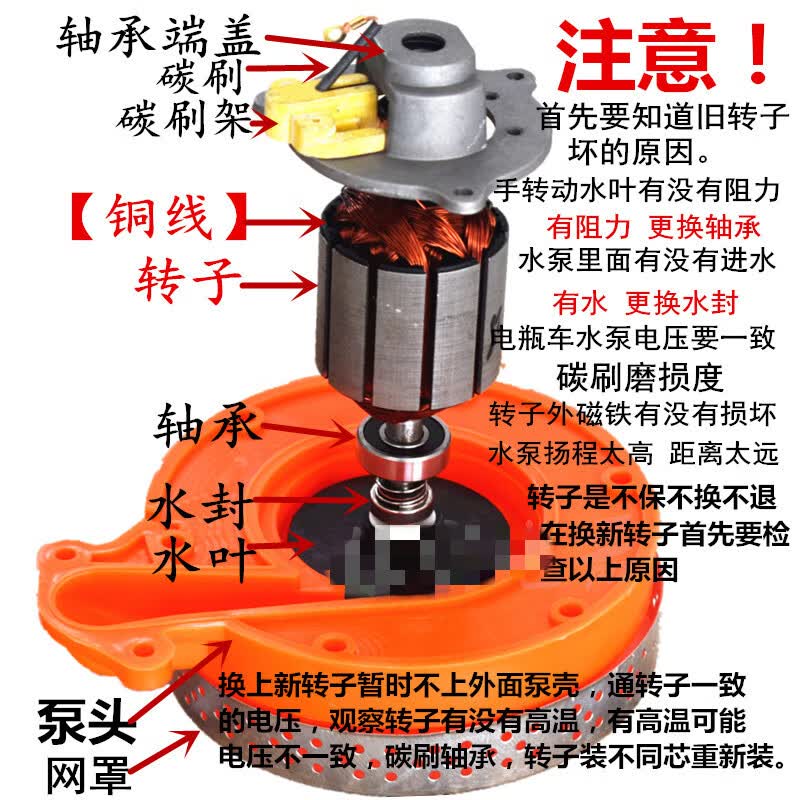 48v直流潜水泵电瓶车水泵配件转子泵头电线高扬程船用直流潜水泵 对插