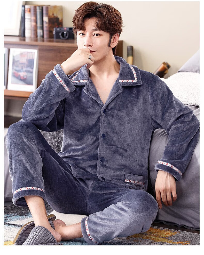 ck 冬季睡衣男珊瑚绒加厚加绒男士开衫法兰绒秋冬款家居服春秋套装