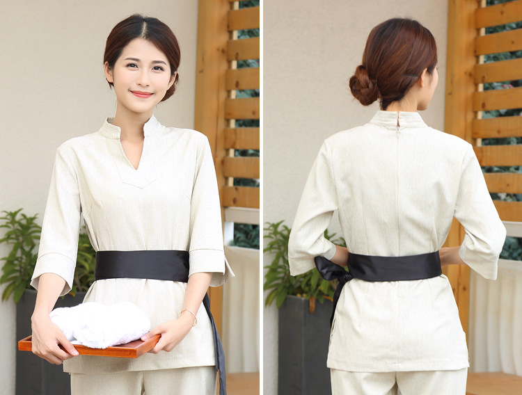 采耳师女衣服美容美甲工作服夏长裤spa技师足疗汗蒸桑拿美容院女 米色