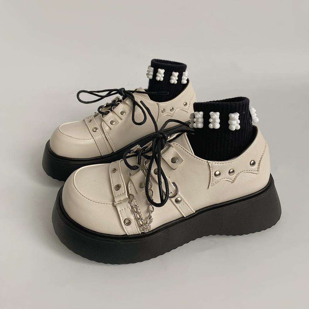 宽头大头皮鞋女软底宽脚甜酷厚底鞋春夏季新款时尚链条个性复古英伦风