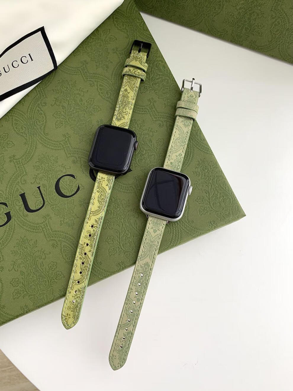 苹果表带iwatch23456/se时尚细款大牌印花皮质表带小蛮腰 细【高光绿