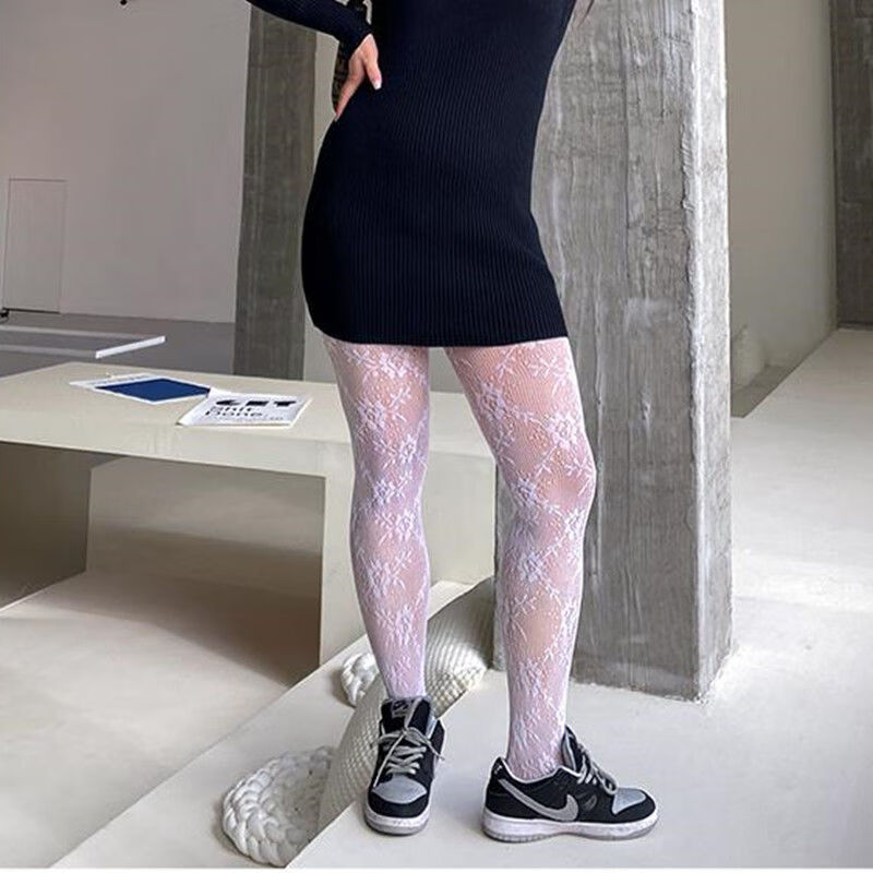 丝袜大码胖镂空蕾丝网袜连裤袜日系洛丽塔花朵蝴蝶结渔