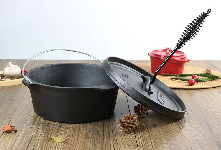 户外铁锅 铸铁炖锅25cm野营铸铁锅荷兰锅煎锅户外锅具套装 提手钩子