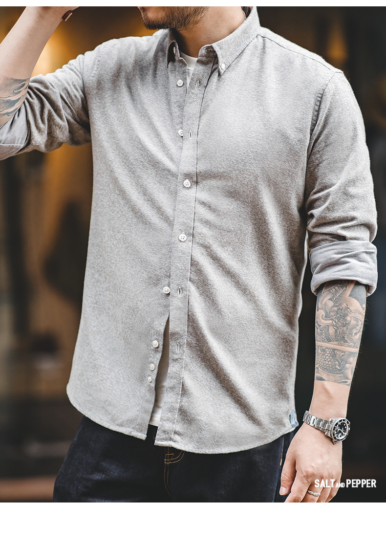 马登工装 美式复古扣领胡椒盐打底衬衫粗粝磨毛叠穿内搭上衣男 椒盐色