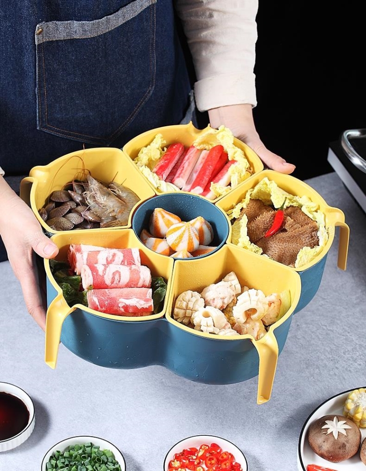 功能盒吃火锅装菜神器备菜盘子分菜盘多格拼盘餐具组合深蓝色云朵沥水