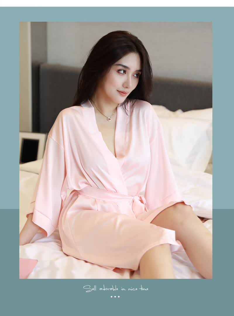 花陌妮睡衣女春秋季冰丝薄款2022年新款性感丝绸睡袍夏天浴袍虾色m