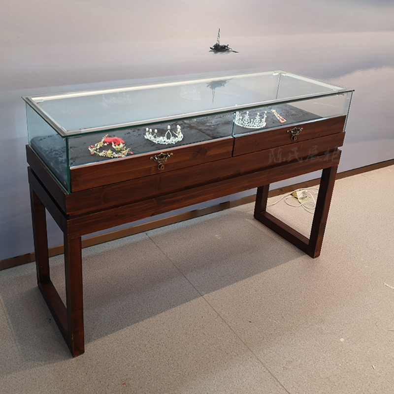 实木珠宝展示柜古玩翡翠柜台复古中式展厅博物馆精品玻璃展柜 100*40*