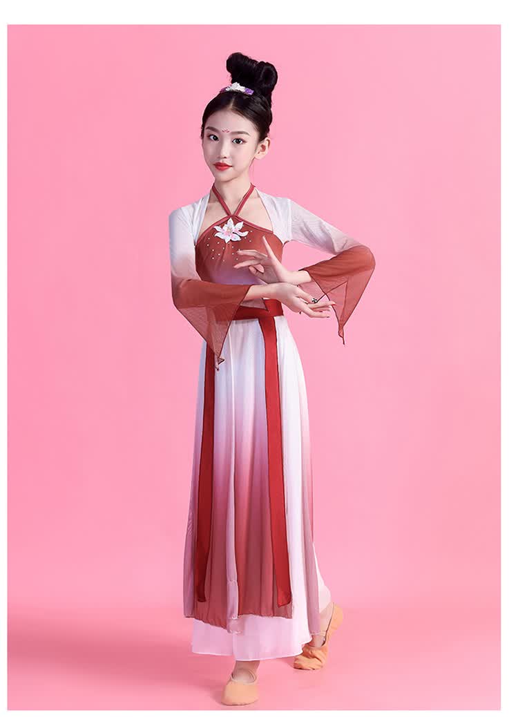 舞民族舞练功服女童扇子舞古风演出服装汉服纱衣水袖中国风古筝演出