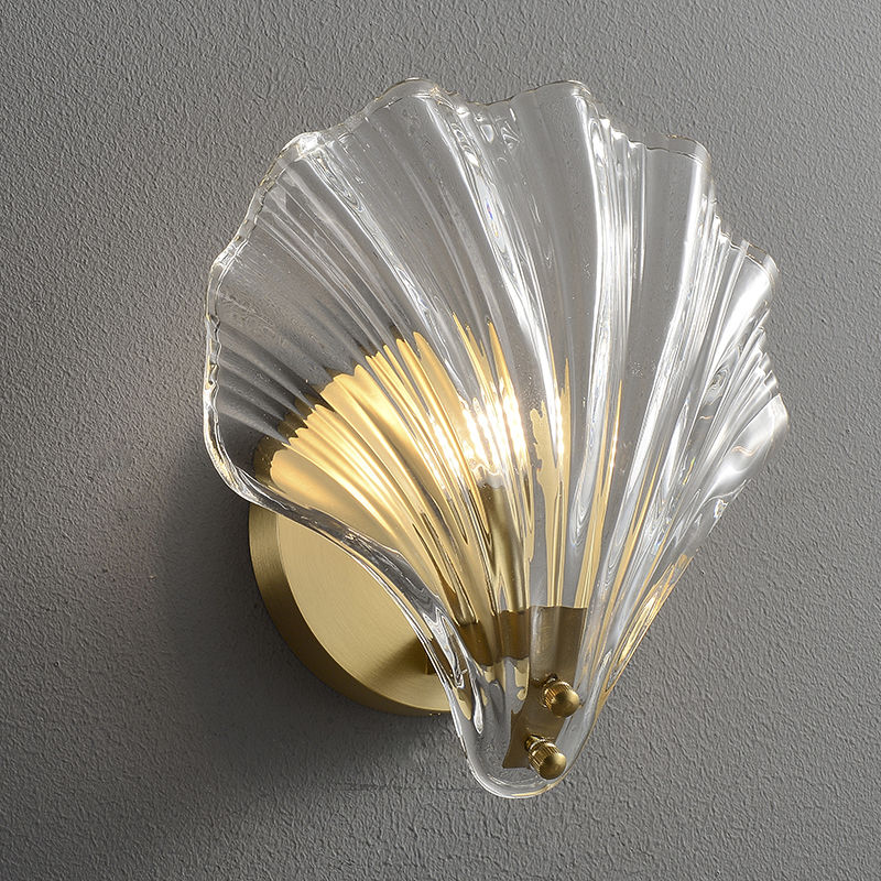 后现代轻奢玻璃水晶纯铜全铜简约大气卧室床头客厅新款贝壳墙壁灯全铜
