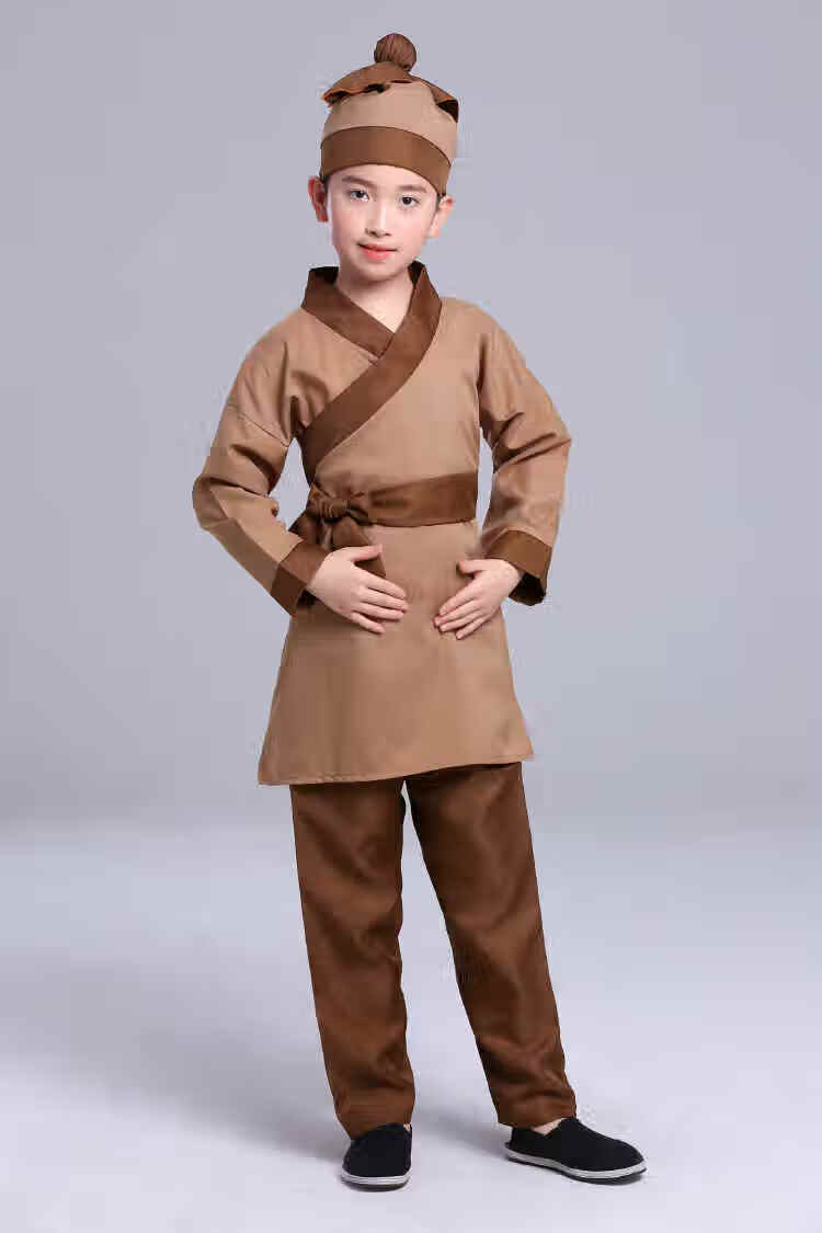 店小二演出服古装汉服套装儿童村民衣服男女演出服装古代老百姓表演服