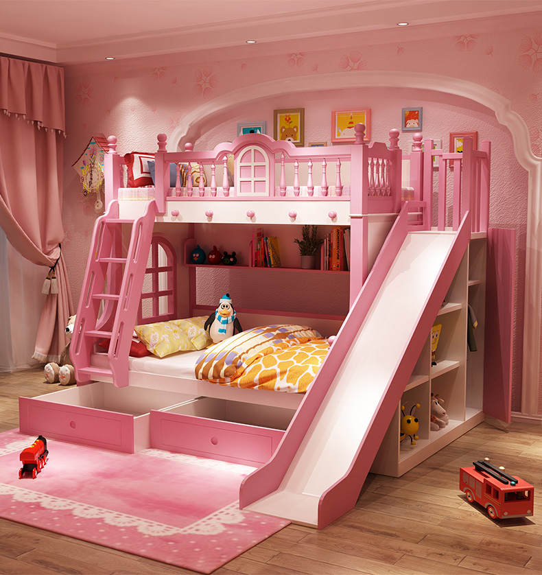 火图图上下床儿童床全实木高低床两层双层床子母床粉色公主床女孩儿童