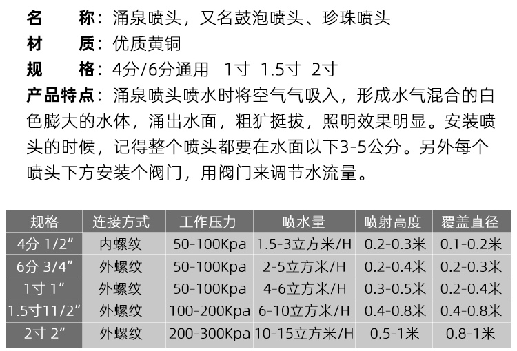 涌泉喷头 全铜涌泉喷头鼓泡喷泉头水景景观鱼池循环旱喷户外喷水池