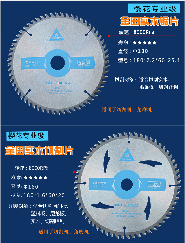 金田樱花锯片木工合金切割片电圆锯切割机角磨机木锯片4寸7寸t 9寸230