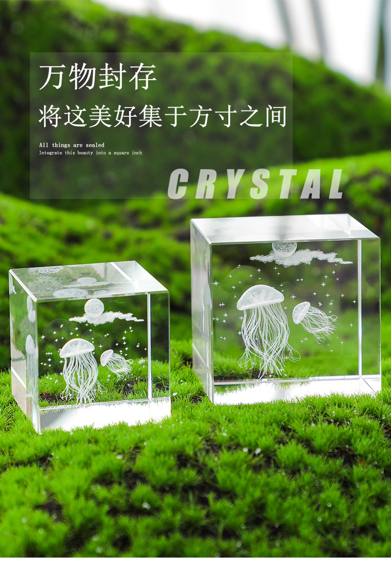 海洋馆纪念品创意海洋生物方体水晶小摆件办公室桌面系装饰品送人生日