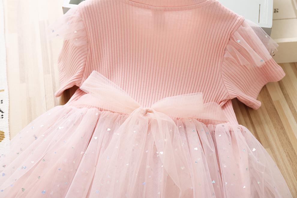 公主裙女童夏季新款卡通爱沙短袖连衣裙蓬蓬艾纱裙子粉红色90cm