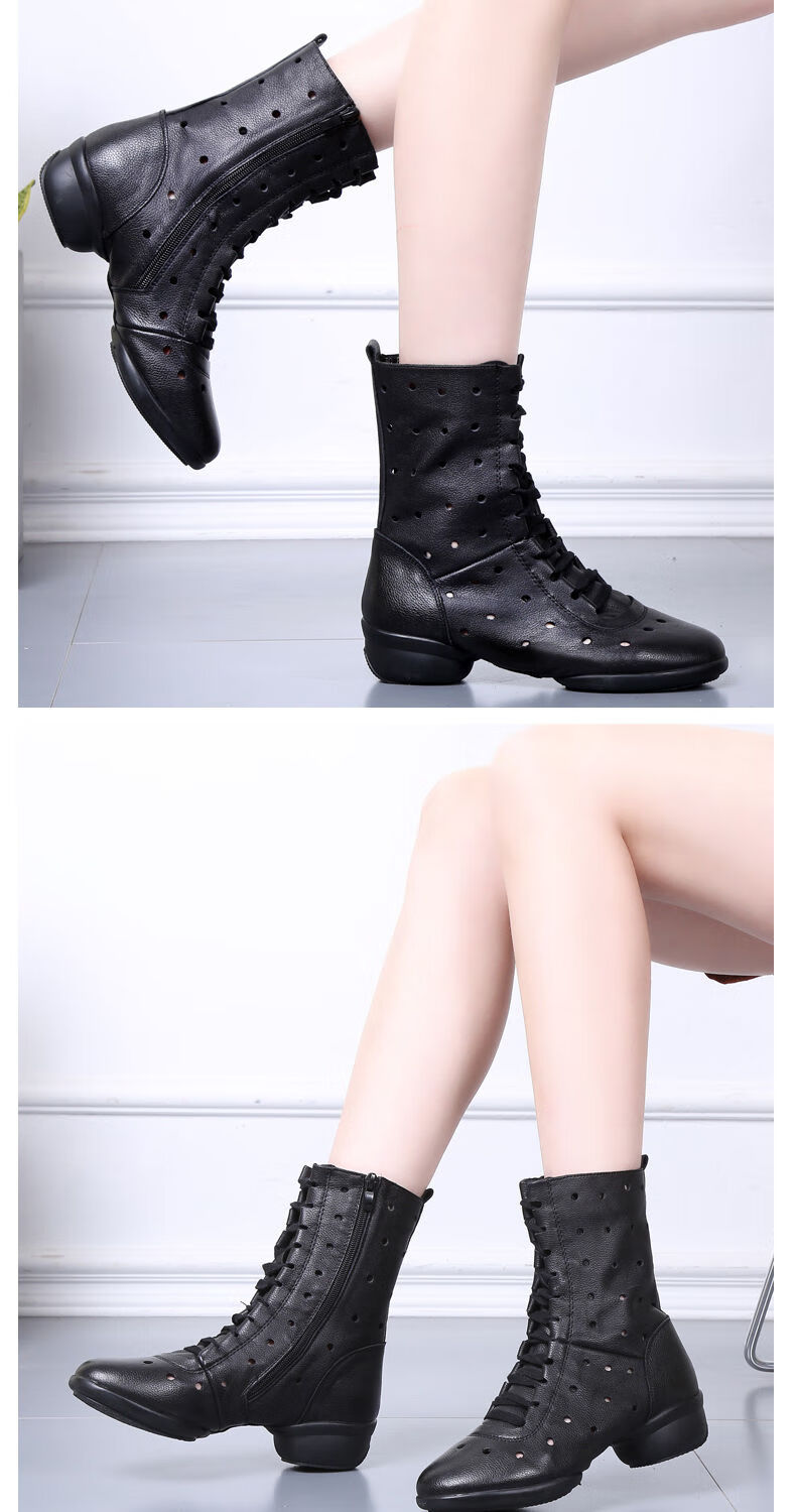 水兵舞鞋软底新款中跟广场舞女鞋秋冬舞靴子跳舞鞋真皮舞蹈鞋黑色单款