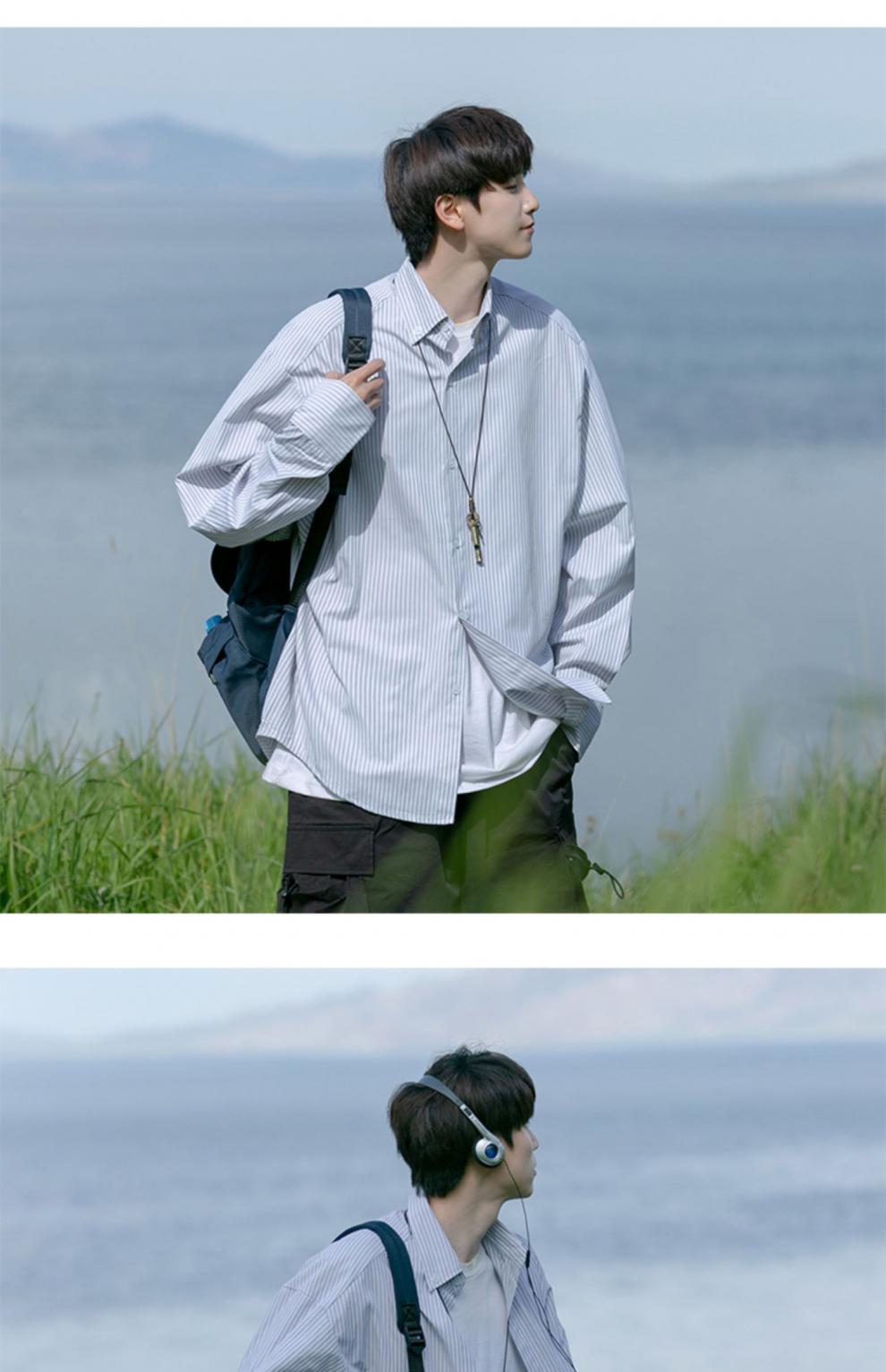 sijian雅痞cityboy廓形衬衫男长袖病号服少年感蓝白条纹衬衣 蓝色 l
