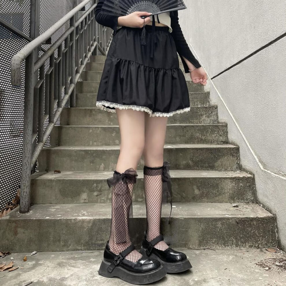 鱼网袜日系lolita丝带jk小腿渔网袜女洛丽塔蕾丝花边系带蝴蝶结镂空