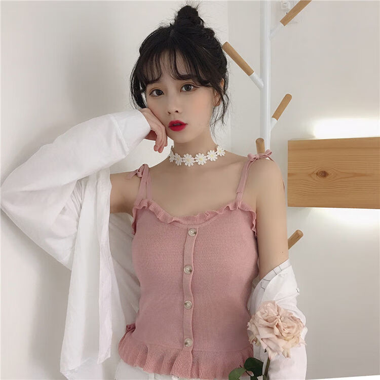 针织小背心女外穿ins潮甜辣内搭打底法式别致胖妹妹吊带上衣黑色m80