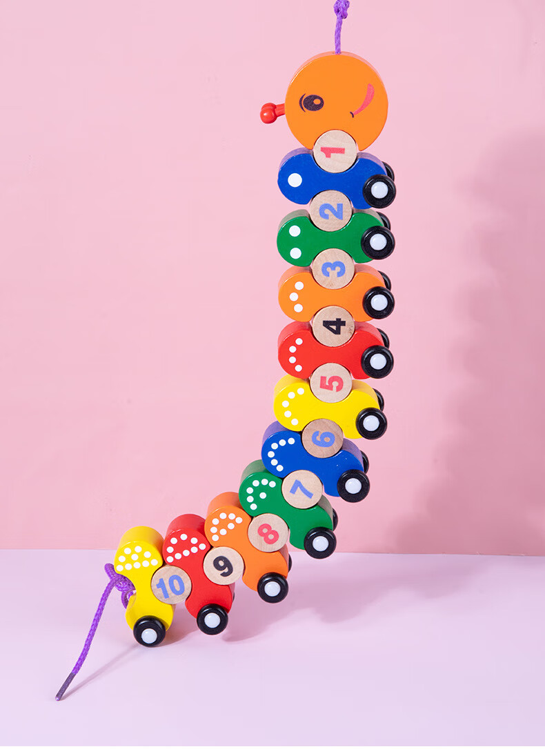 木制毛毛虫数字小火车拆装穿绳拖拉车儿童早教拖拉玩具车【图片 价格