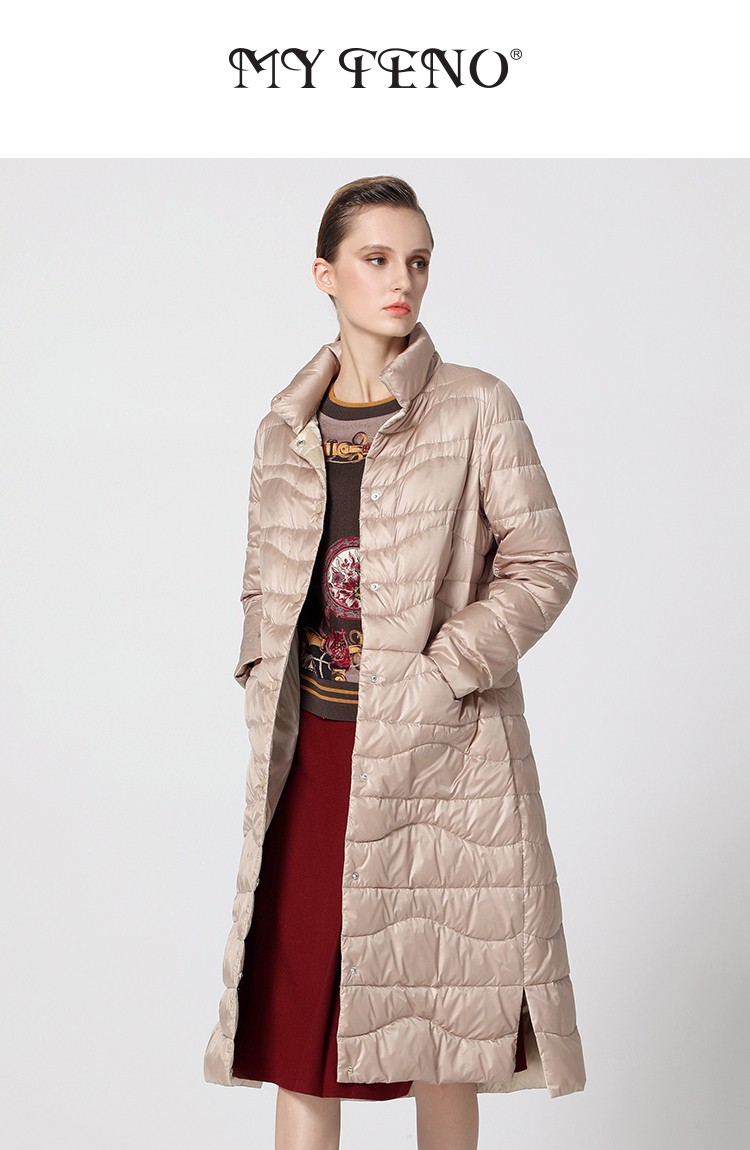 马天奴2021秋冬新款女式简约保暖中长款过膝宽松长袖羽绒服外套红色