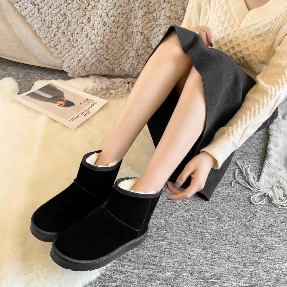 雪地靴女款短筒平底防滑加绒短靴冬季保暖棉鞋学生百搭加厚雪地棉黑色