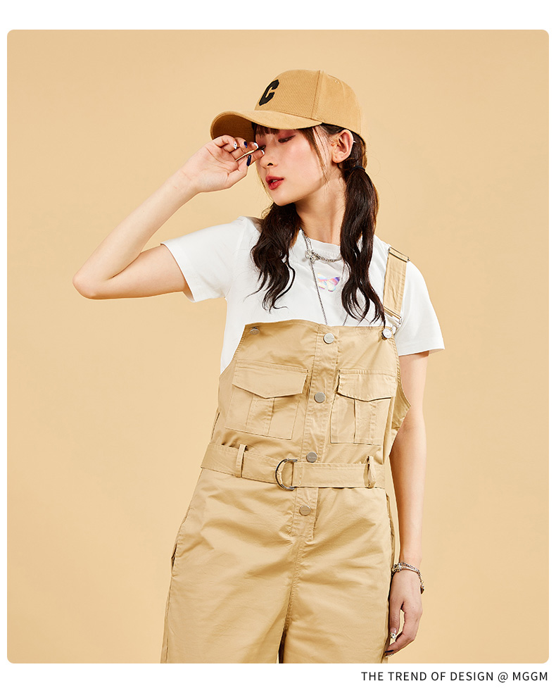 木果果木2022商场同款工装风宽松直筒卡其色背带裤日系小个子女卡其l