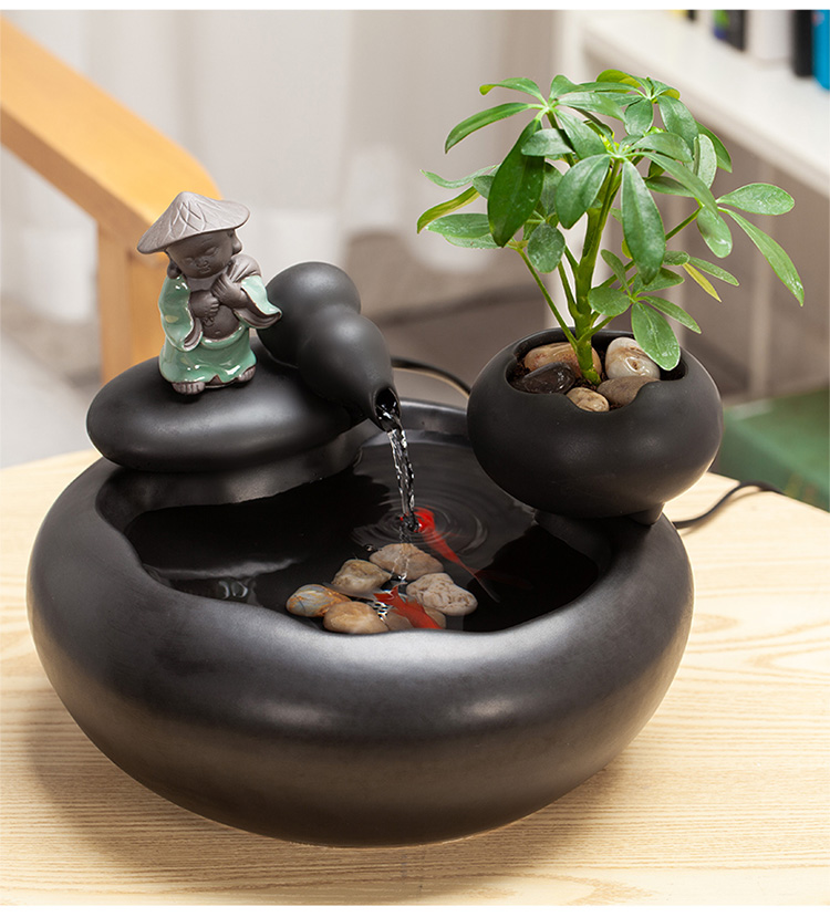 陶瓷流水鱼缸简约黑色禅意小型养青鳉鱼缸摆件家居水景创意喷泉礼品