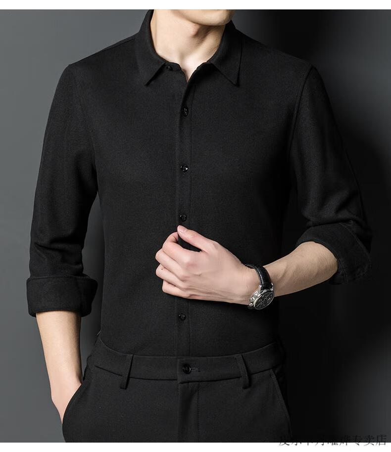 65法国男装皮尔卡丹纯羊绒衬衫男长袖中年高端休闲商务免烫加厚保暖