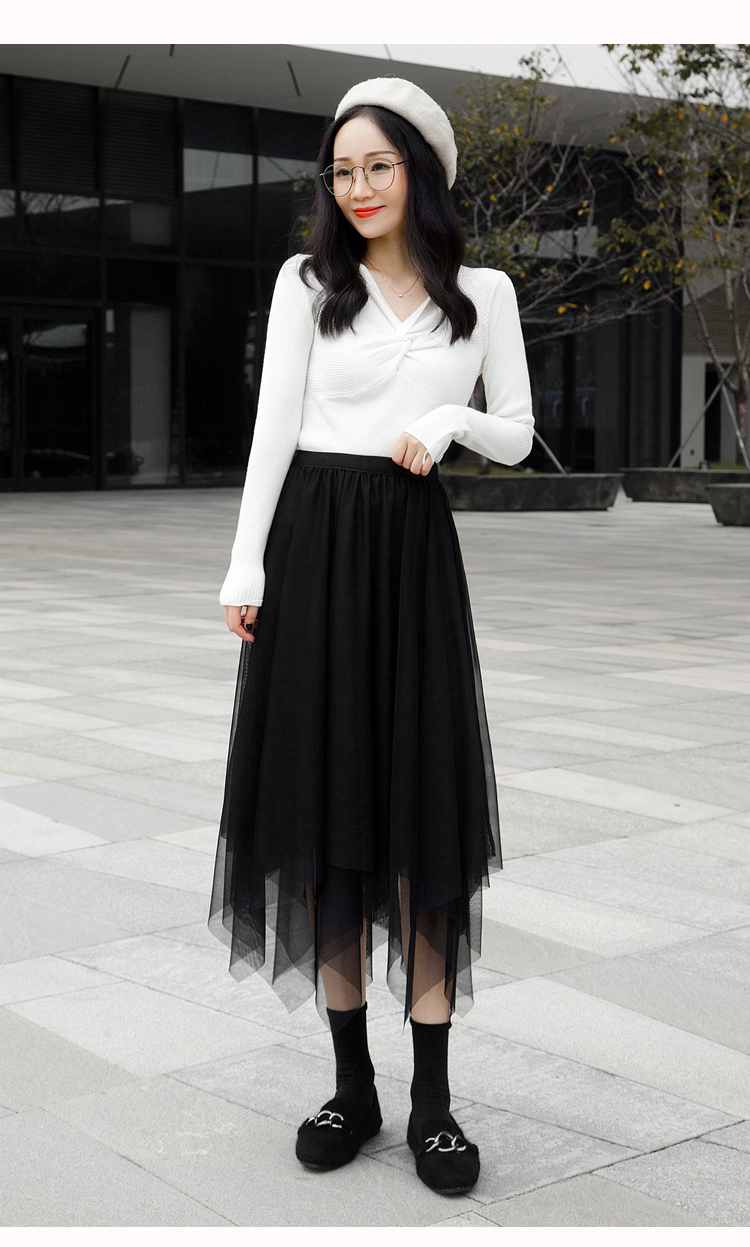冬天穿的网纱半身裙冬款不规则女秋冬中长款百褶仙女裙高腰显瘦黑纱裙