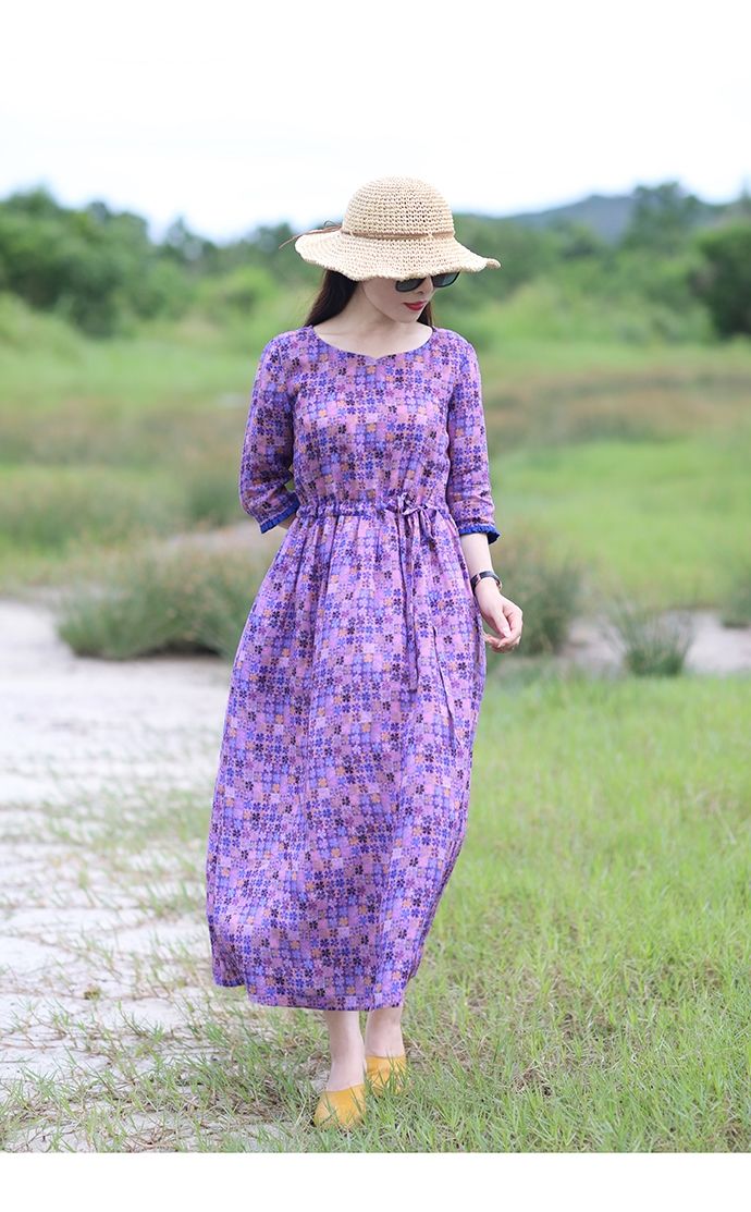 fgacct素订亚麻连衣裙夏季新款新品女王轻奢女装旅行文艺印花2020宽松