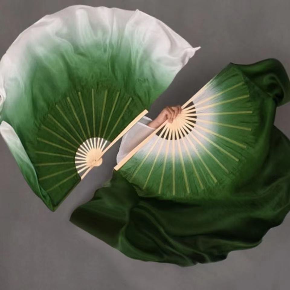 舞蹈扇 广场舞扇子秀色舞韵真丝舞蹈扇子跳舞扇墨绿色渐变古典舞秧歌