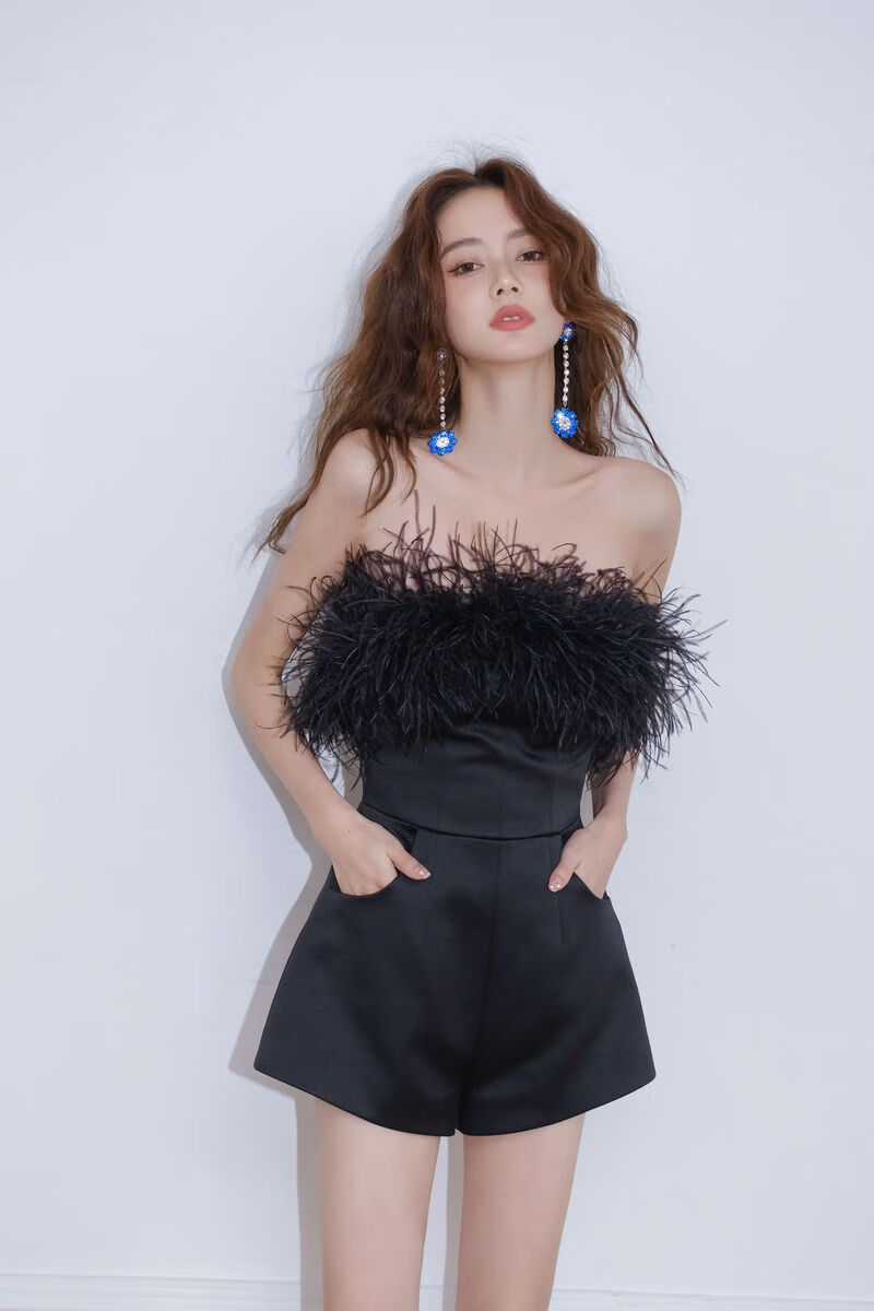 masionwester黑色抹胸连体短裤女夏日新款个性潮酷感连体裤黑色手工