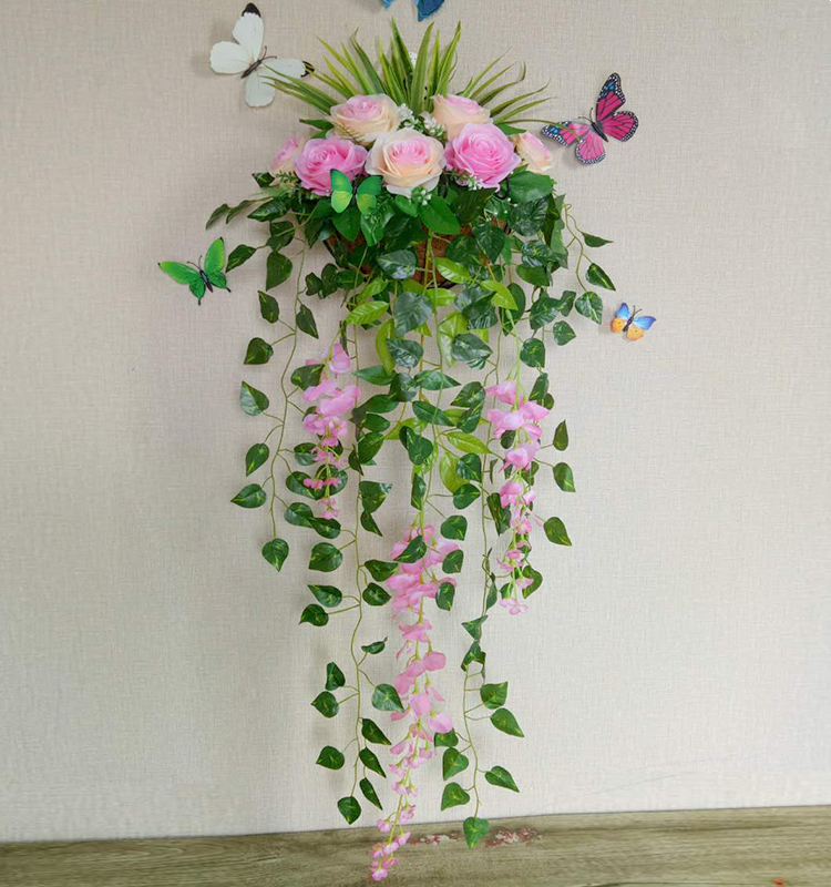 花明柳媚仿真玫瑰花壁挂墙壁墙面装饰花绢花假花挂件室内墙花盆仿真挂