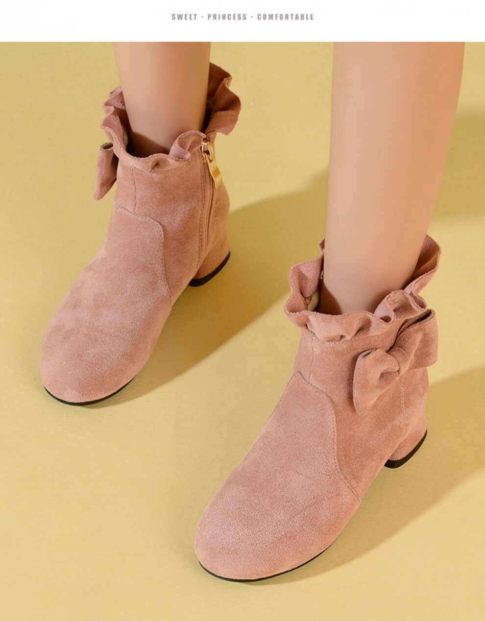 迪士尼新品同款新款上新买给孩子穿的公主儿童短靴高跟鞋橡胶底圆头加