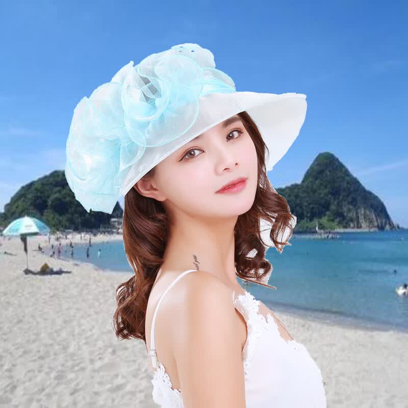 e春夏女士防晒帽女防紫外线沙帽可折叠太阳帽凉帽纱帽欧根纱沙滩帽