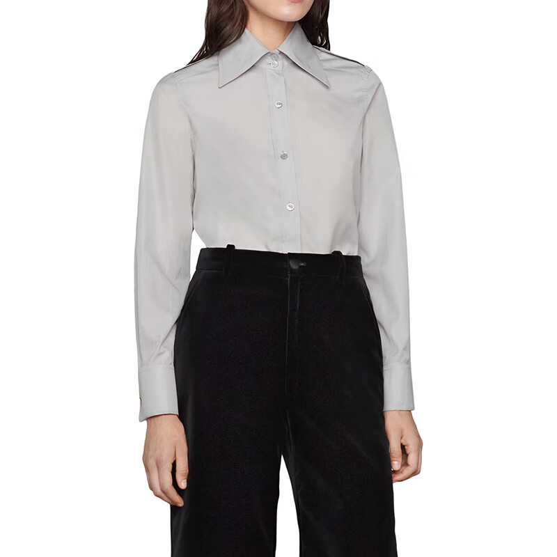 【包税】gucci/古驰 21年秋冬新款 女士浅灰色精细棉府绸长袖衬衫6756