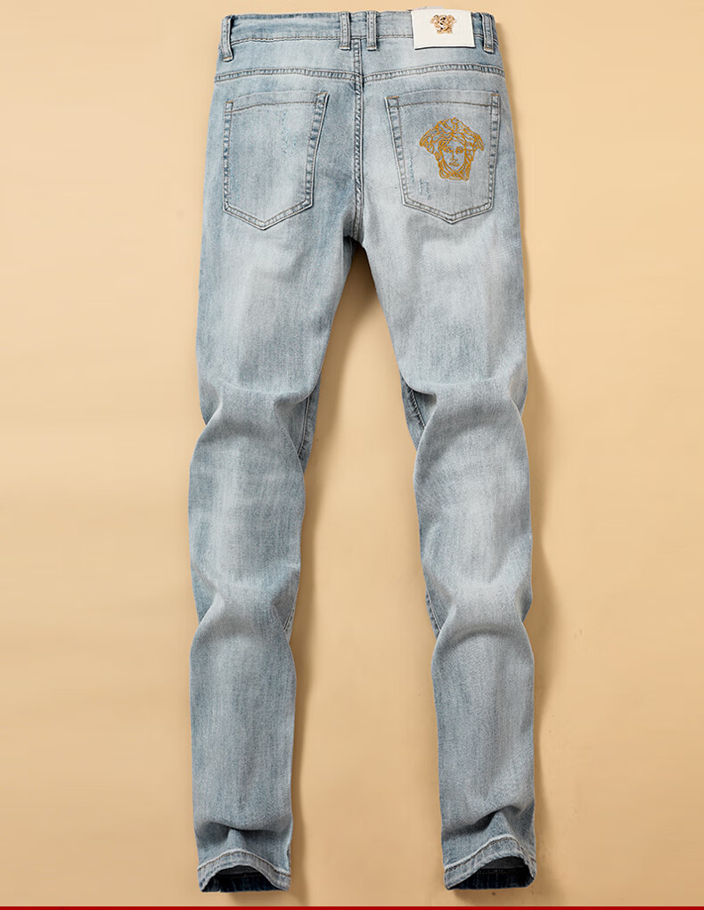 瓦萨琪 美杜沙 美人头 欧洲站欧货男装薄款刺绣立体弹力小脚牛仔裤