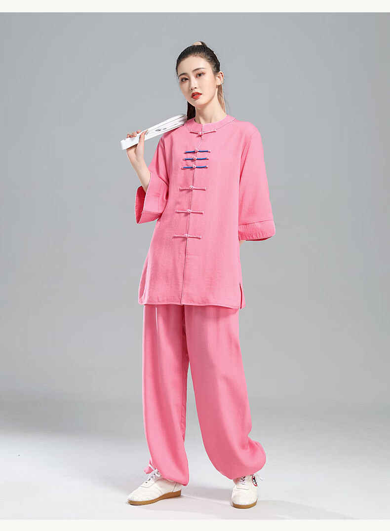 太极服女夏季飘逸春夏棉麻中袖新款衣服太极拳练功服短袖套装玫粉色m