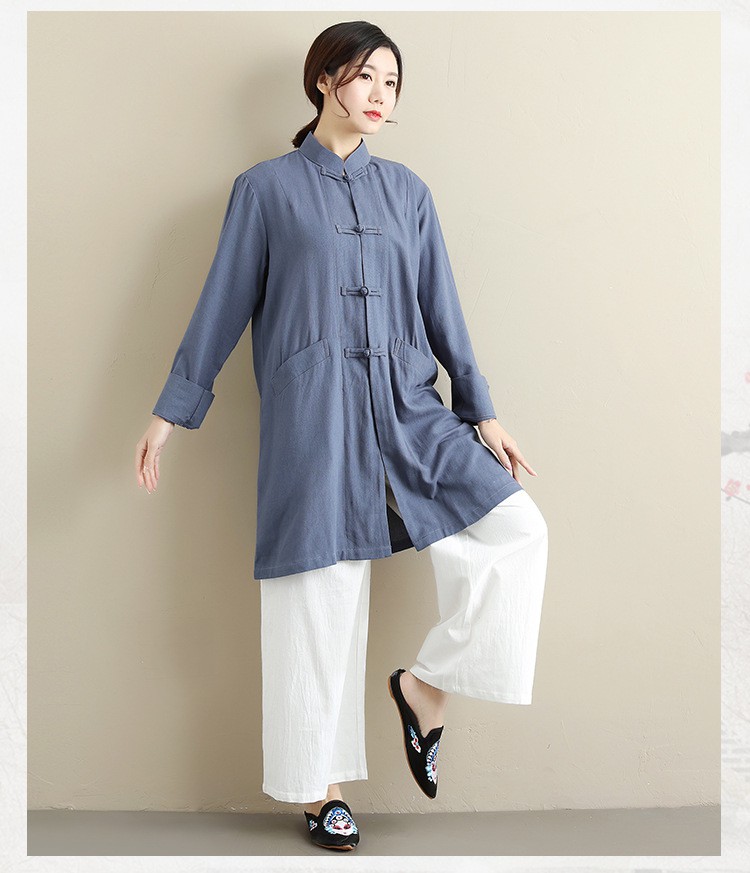 中长款太极服女上衣中式立领棉麻外套宽松休闲武术服装春秋季风衣