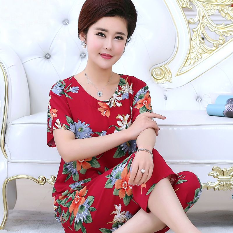 老年人睡衣女妈妈装棉绸短袖套装棉绸妈妈装中老年睡衣女夏季人造棉