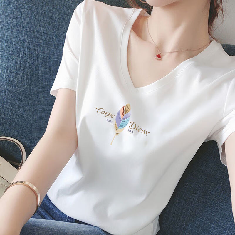 短袖领恤女宽松鸡心领百搭简约体恤夏天新款高品质半袖新装上衣白羽毛