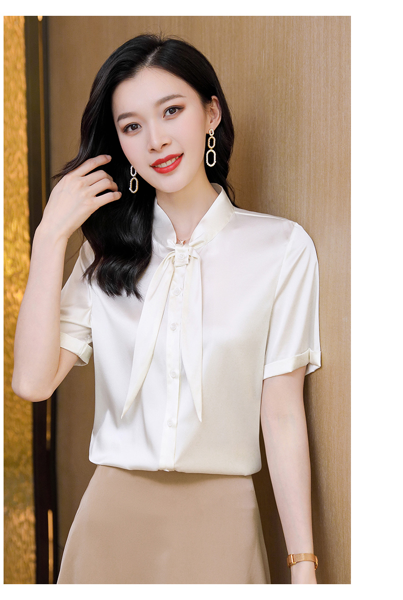 休闲宽松女士桑蚕丝重磅真丝衬衫女圆领短袖t恤衬衣夏天真丝上衣白色m