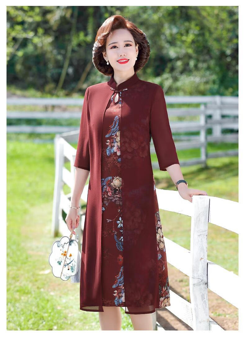 妈妈夏装时尚雪纺旗袍连衣裙40岁50中年妇女夏季气质高贵遮肚裙子绿色