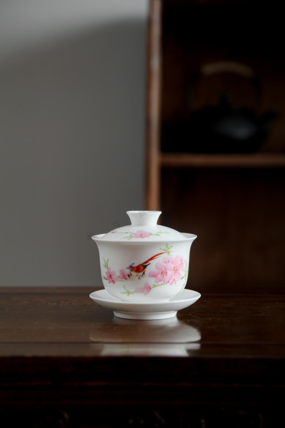 毛瓷茶具景德镇瓷器7501系列水点桃花国辉办公茶杯盖碗红色收藏 茶叶