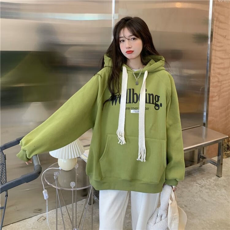 慵懒风卫衣女韩系ins加绒加厚连帽卫衣女韩版春秋牛油果绿色外套小