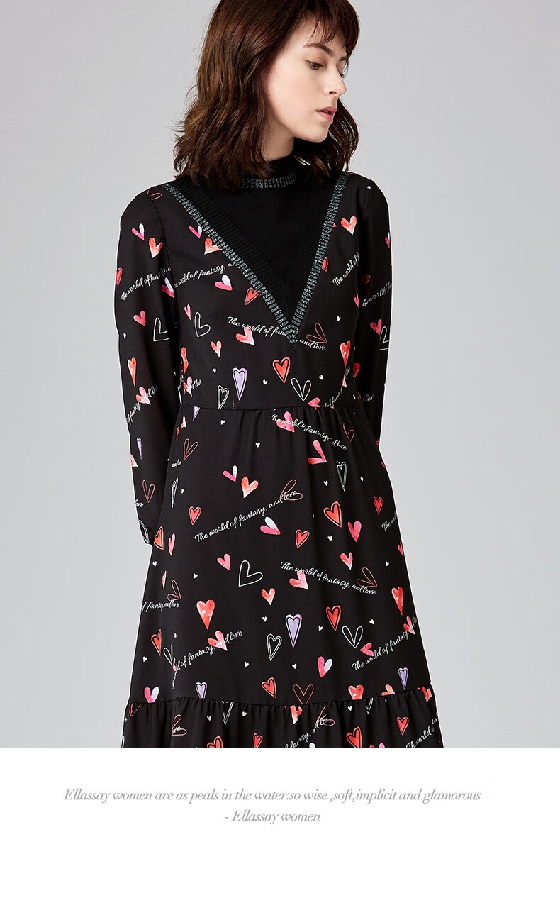 ellassay歌力思秋季新款 气质拼接叠穿领长款连衣裙 红/粉花卉 xs